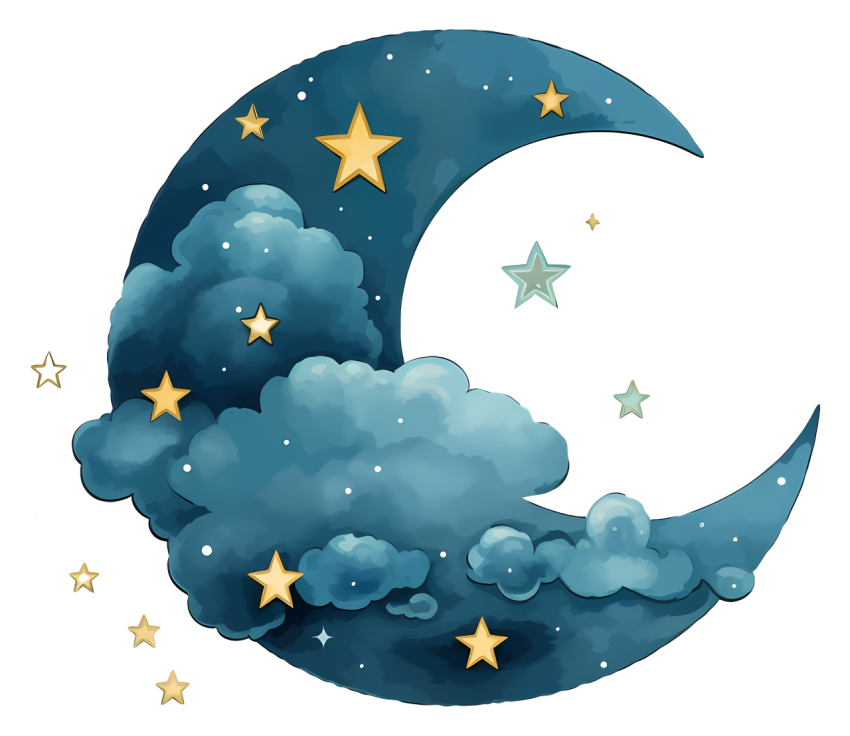 Transparent moon and stars blue crescent moon with stars and clouds