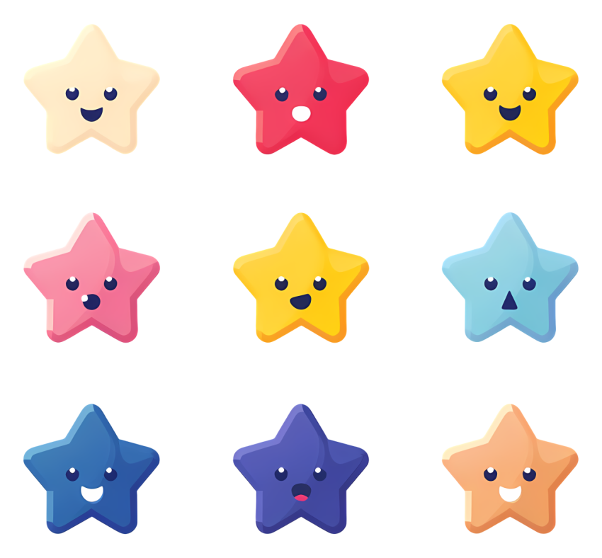 Transparent star emoji colorful cartoon stars with varied expressions