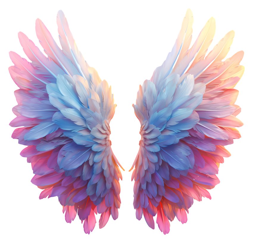 Angel Wings   Transparent, cascading bird like wings in pink, blue, and purple