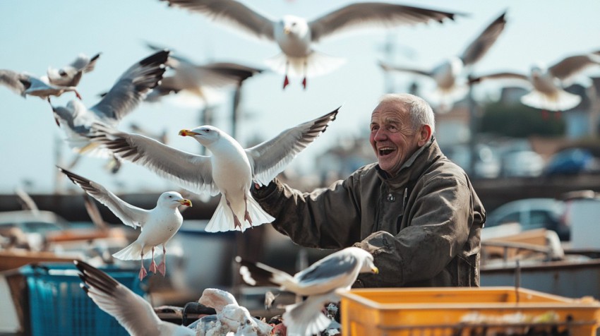 Man Feeding Seagulls