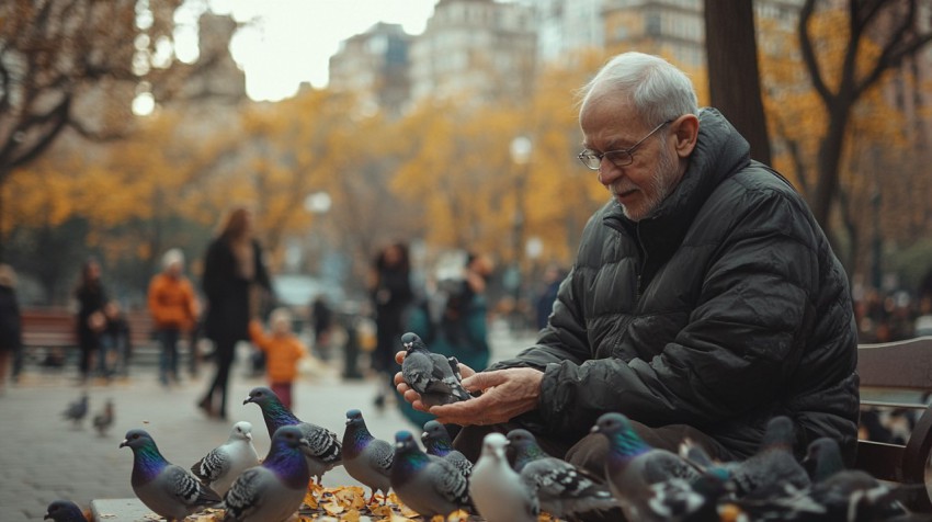 Man feeding with pigeons image