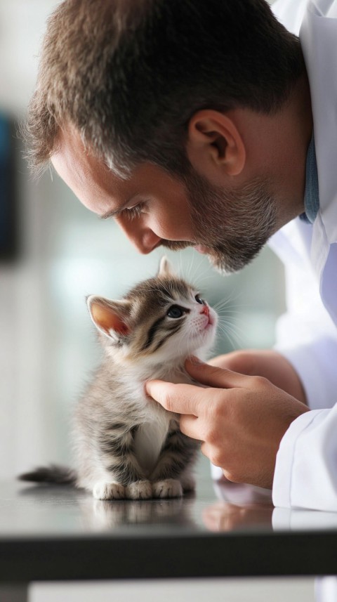 Man pets kitten