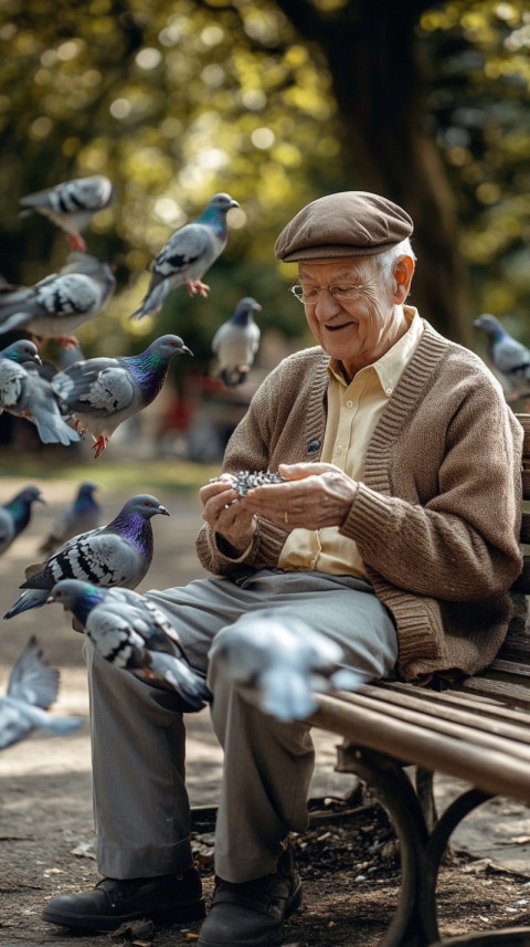 Elderly man feeding pigen