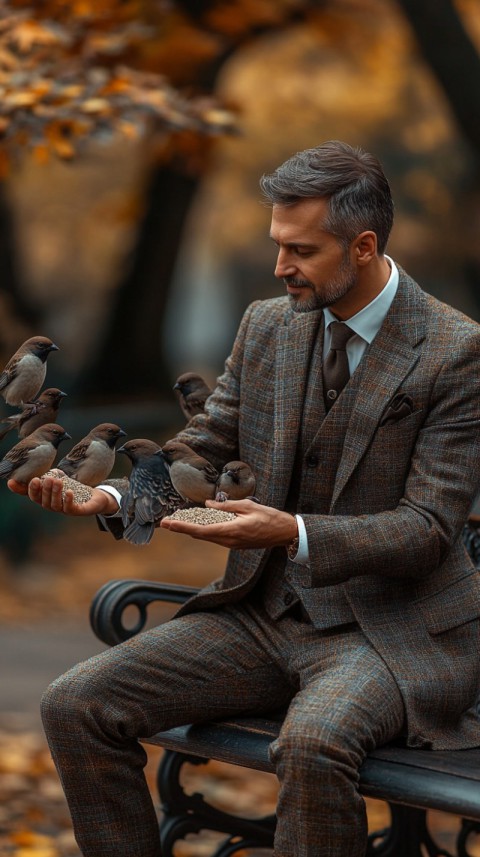 Man Feeding Pigeons with relaxing