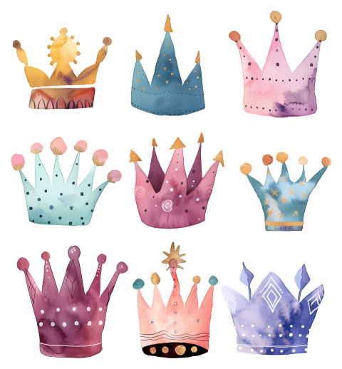 Crown   Watercolor crowns in various colors on black