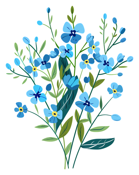 Transparent flower arrangement blue forget me not flowers in vase