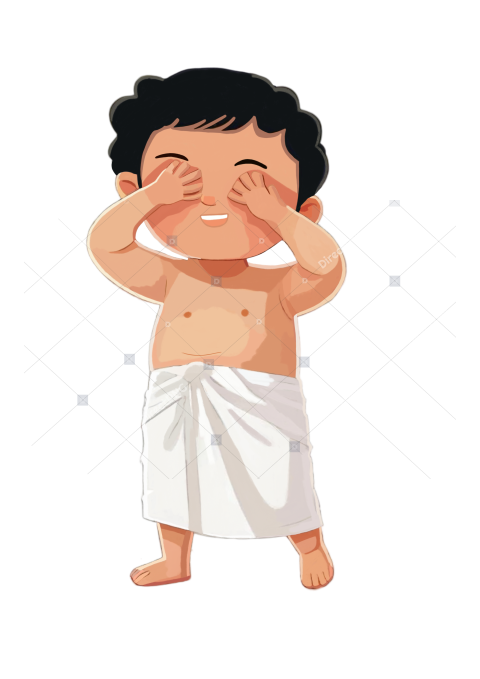 illustration of cultural, traditional, south indian, tamil, hindu boy or man wearing dhoti and covering his eyes, feeling shy, vishu celebrations