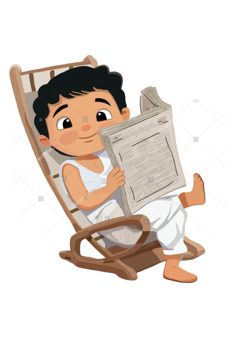Cute illustration of traditional, south indian, tamil, hindu boy or man wearing dhoti, reading, newspaper, relaxed