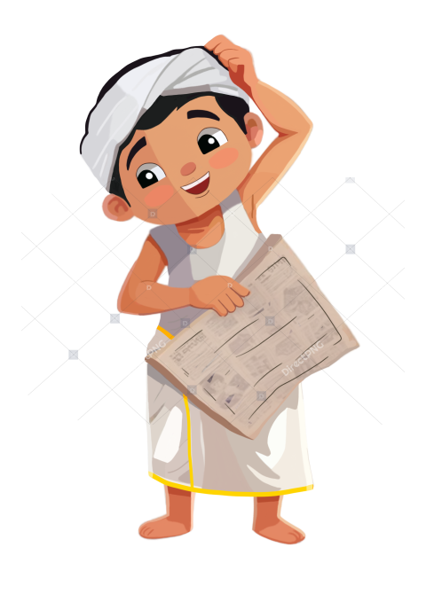 Cute illustration of traditional, south indian, tamil, hindu boy or man wearing dhoti, reading, newspaper, thoughtful