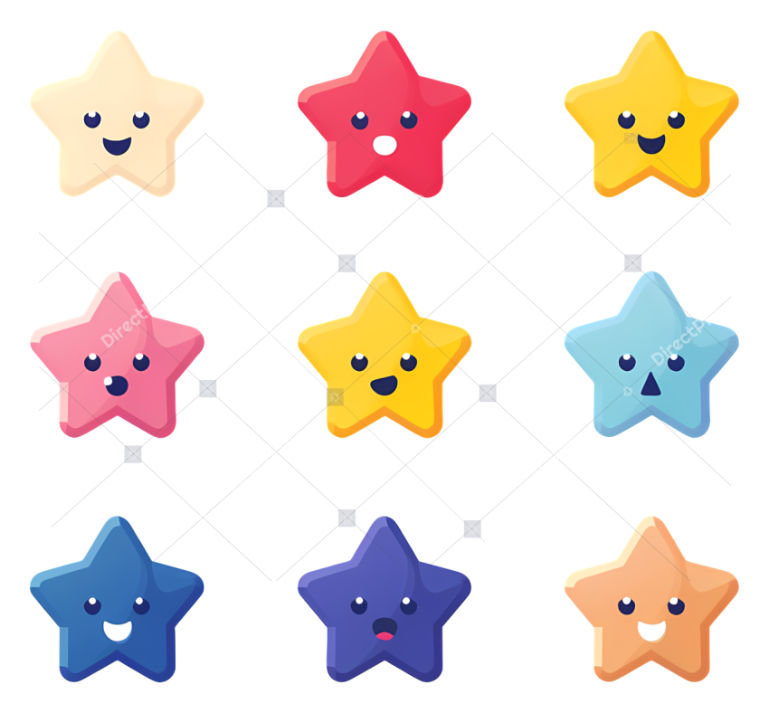 Transparent star emoji colorful cartoon stars with varied expressions