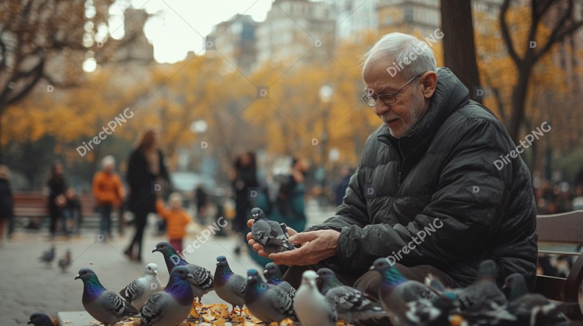 Man feeding with pigeons image