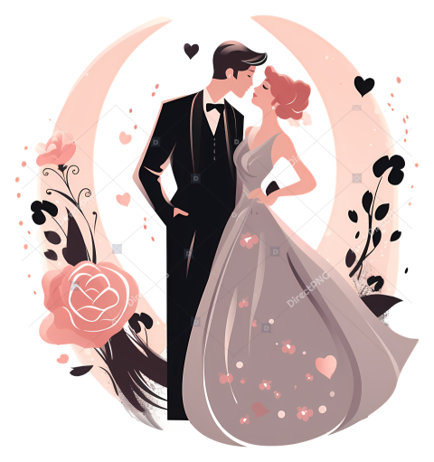 Transparent bride and groom wedding couple under moon with floral backdrop