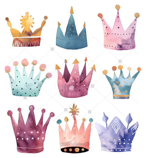 Crown   Watercolor crowns in various colors on black