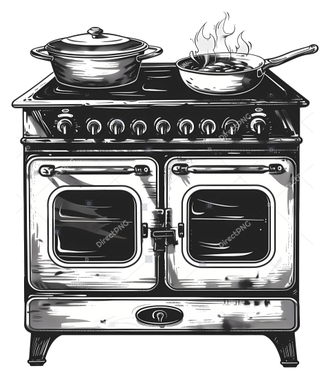 Stove And Oven   Detailed drawing of gas stove with food