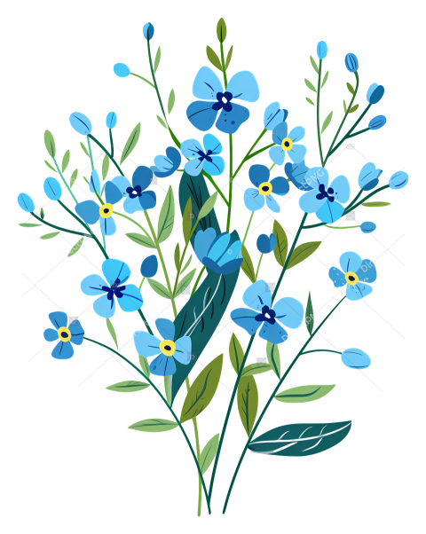 Transparent flower arrangement blue forget me not flowers in vase