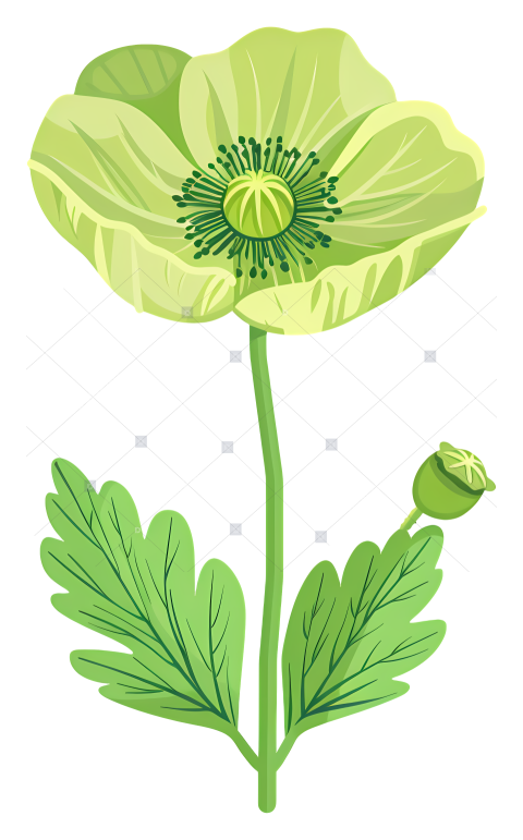 Green flower green poppy flower with heart shaped leaves