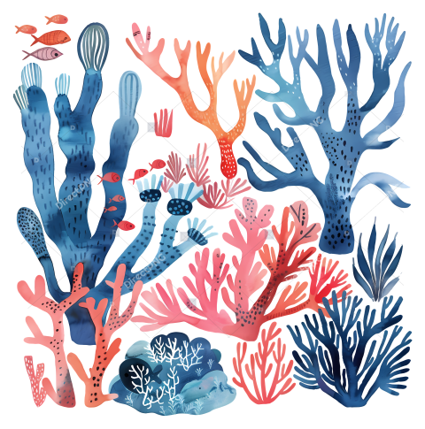 Coral Reef   Colorful ocean animals in watercolor style  Serene